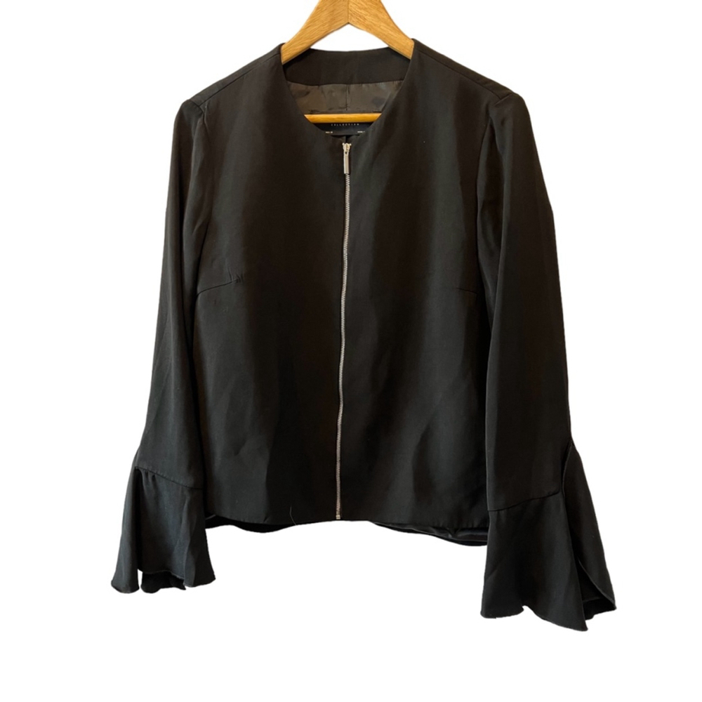 Black Ruffle-Sleeve Zip Front Blazer Jacket